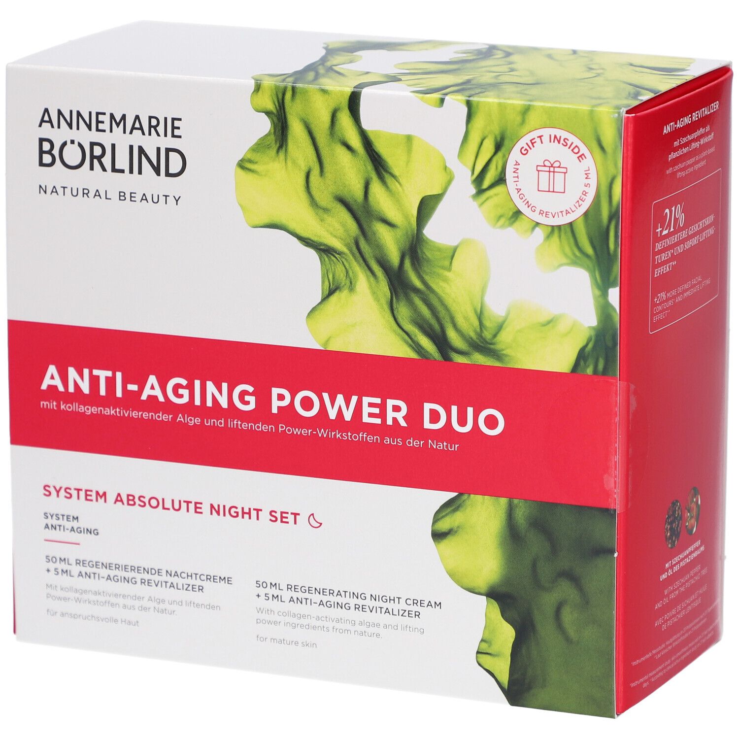 Coffret Anti-Âge Power Duo. Boîte rouge et blanche avec nom et logo du produit. Contient un cadeau.