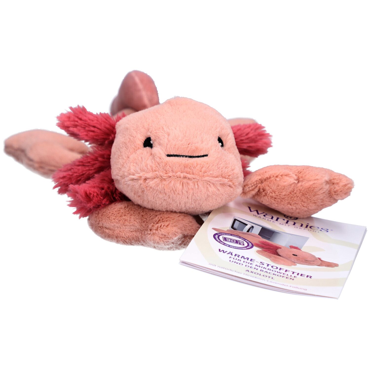 Peluche axolotl rose avec branchies rouges. Accompagné d'une brochure avec image du produit.