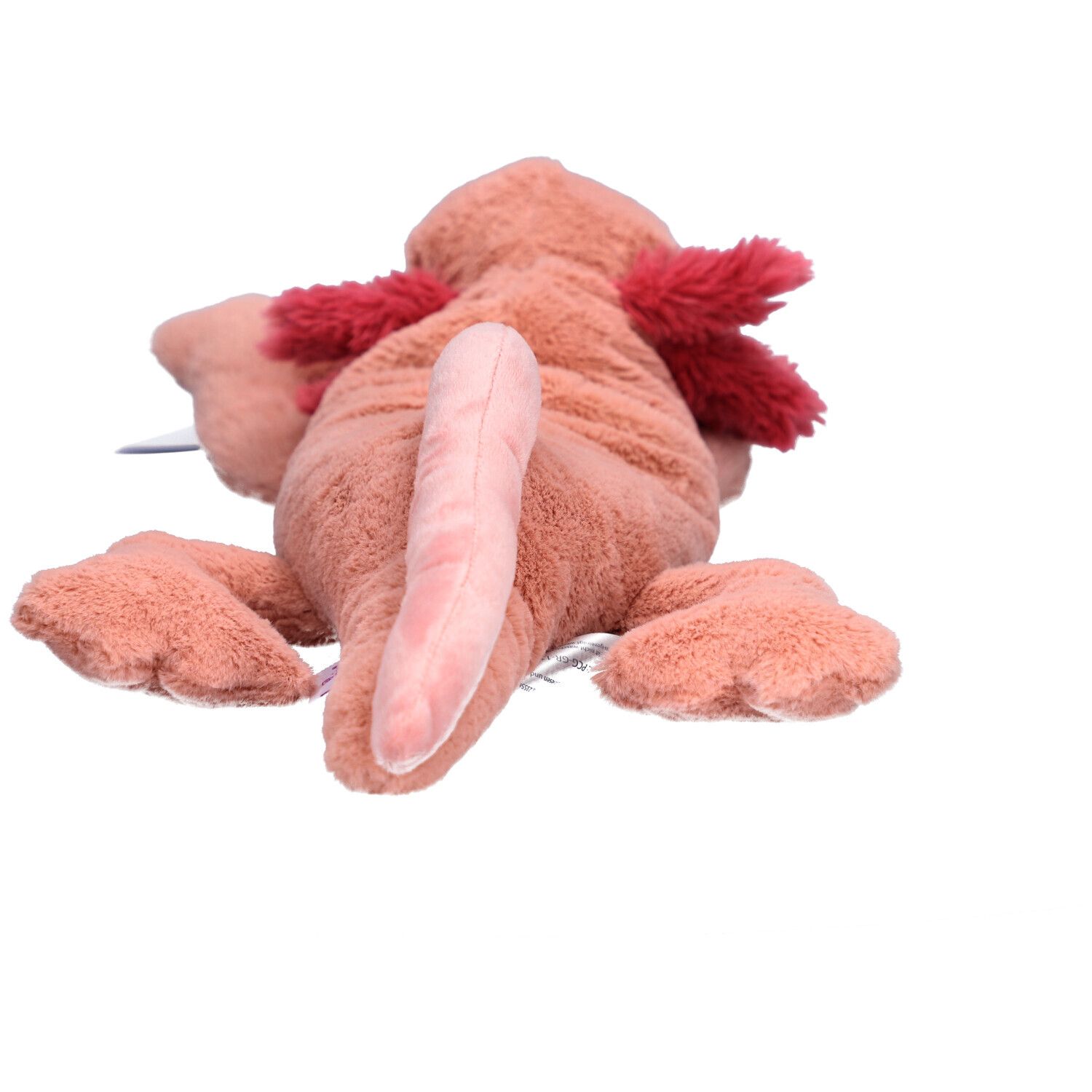 Vue arrière d'une peluche axolotl rose avec branchies rouges et queue.