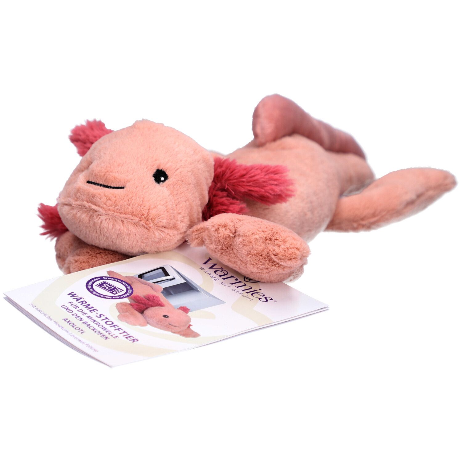 Peluche axolotl rose avec branchies rouges. Accompagné d'une brochure avec image du produit.