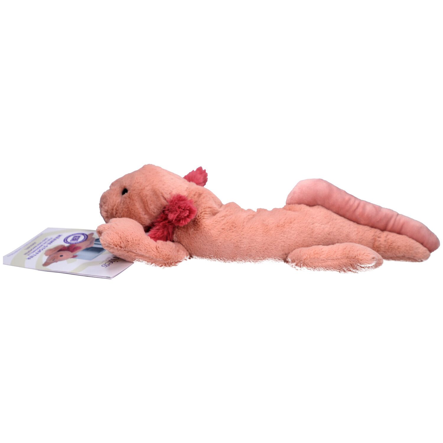 Peluche axolotl rose avec branchies rouges, à côté d'une brochure.