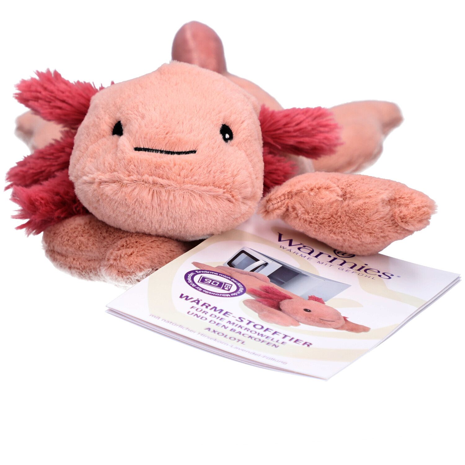 Peluche axolotl rose avec branchies rouges. Accompagné d'une brochure avec image du produit et logo.