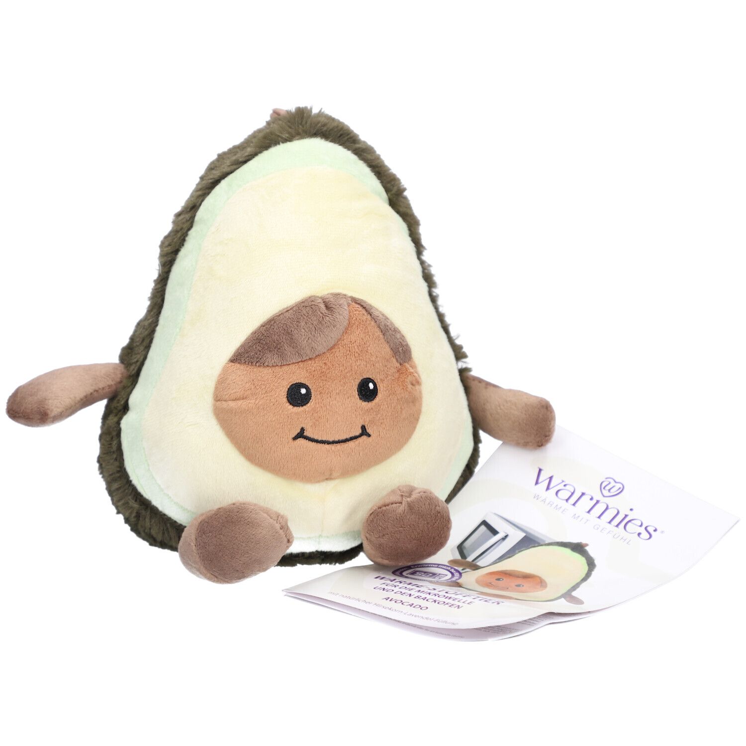 Avocat en peluche avec visage et membres. Une étiquette avec le nom de la marque Warmies est incluse.