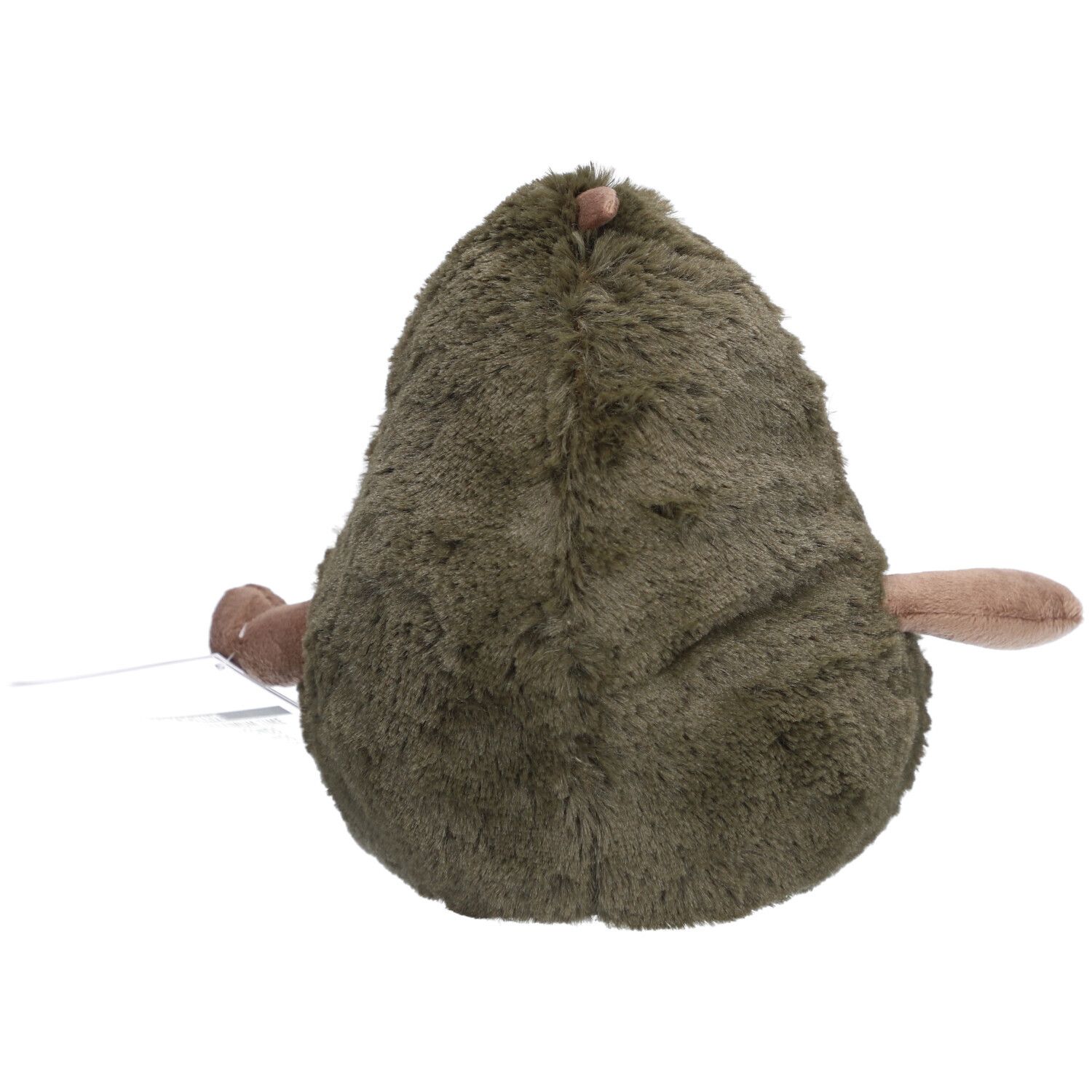 Vue arrière d'un avocat en peluche. La figurine a des bras et des jambes.