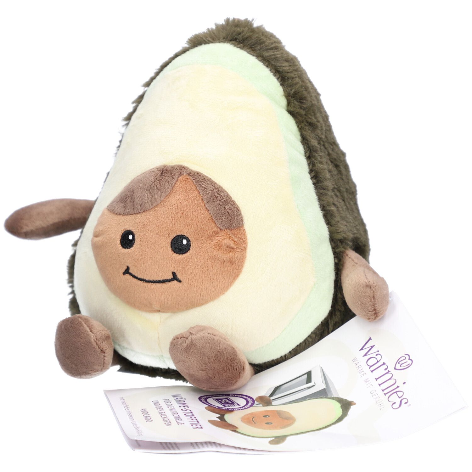 Avocat en peluche avec visage et membres. Une étiquette avec le nom de la marque Warmies est incluse.