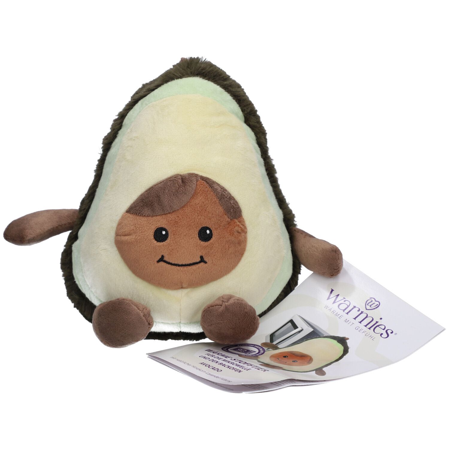 Avocat en peluche avec visage et membres. Une étiquette avec le nom de la marque Warmies est incluse.