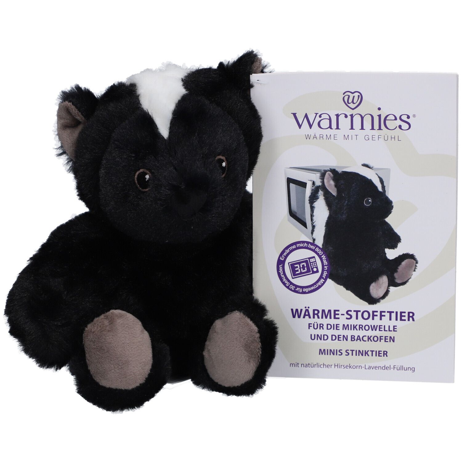 Peluche de mouffette noire et blanche avec pattes et oreilles marron. Un emballage avec des informations sur le produit est à côté.
