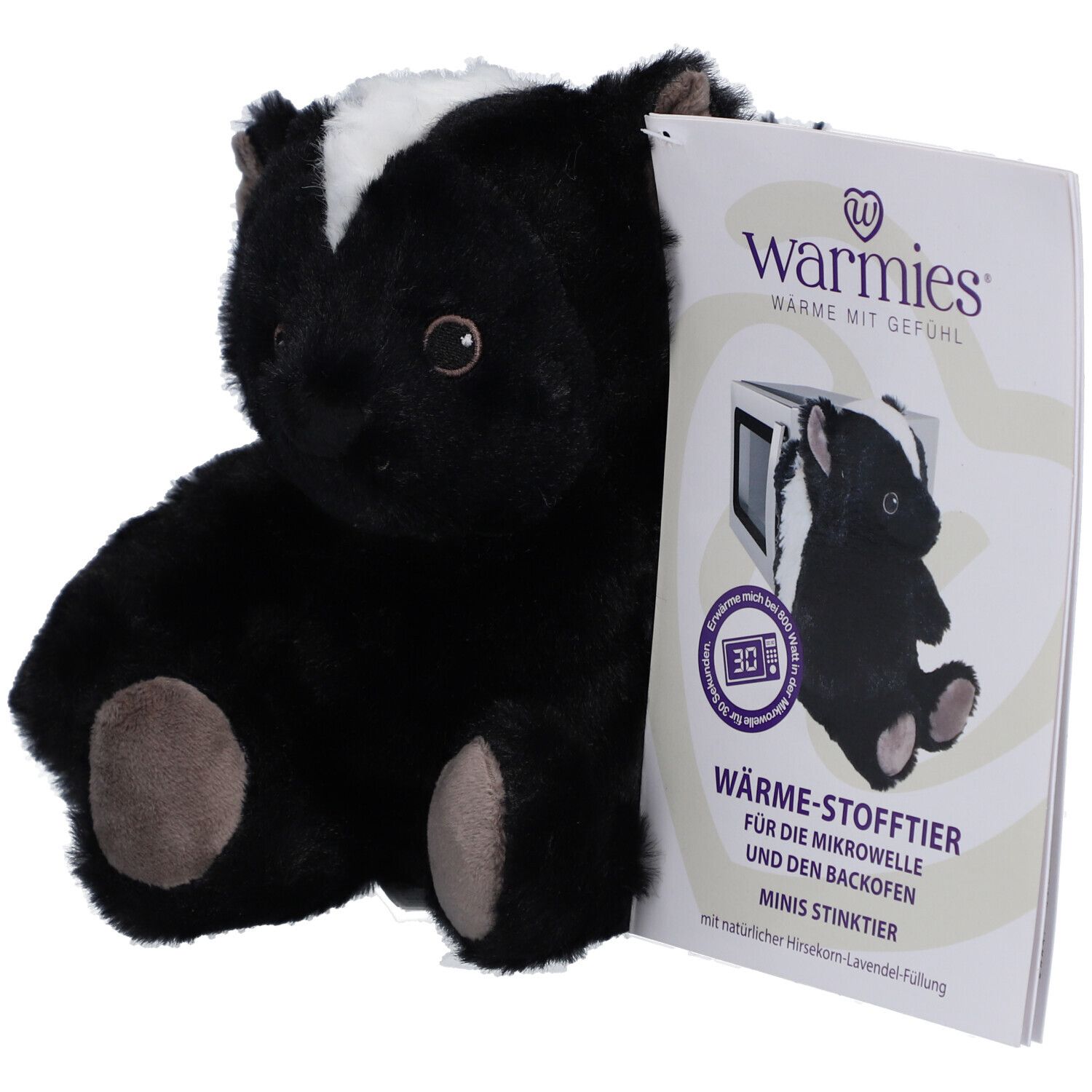 Peluche de mouffette noire et blanche avec pattes et oreilles marron. Un emballage avec des informations sur le produit est à côté.