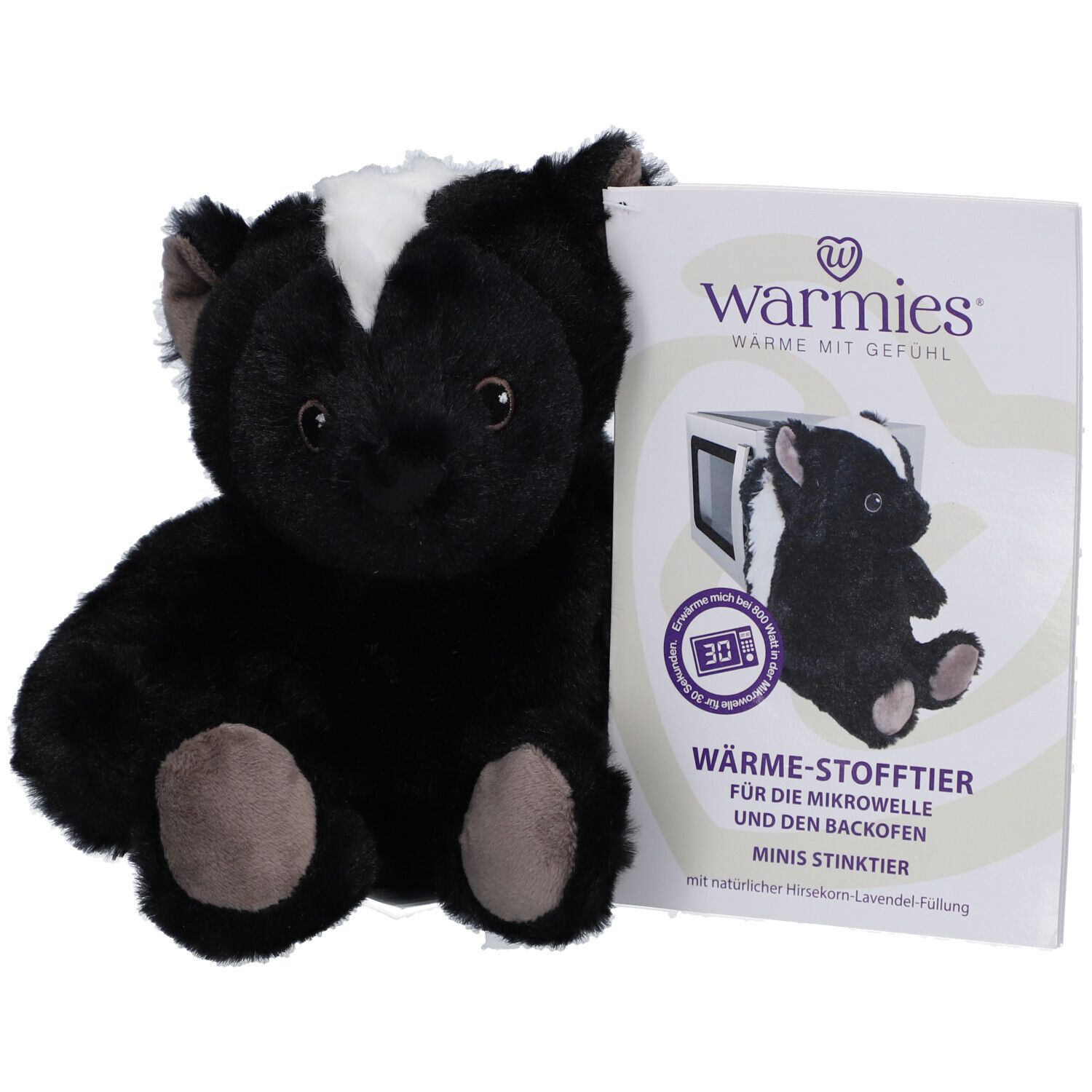 Peluche de mouffette noire et blanche avec pattes et oreilles marron. Un emballage avec des informations sur le produit est à côté.