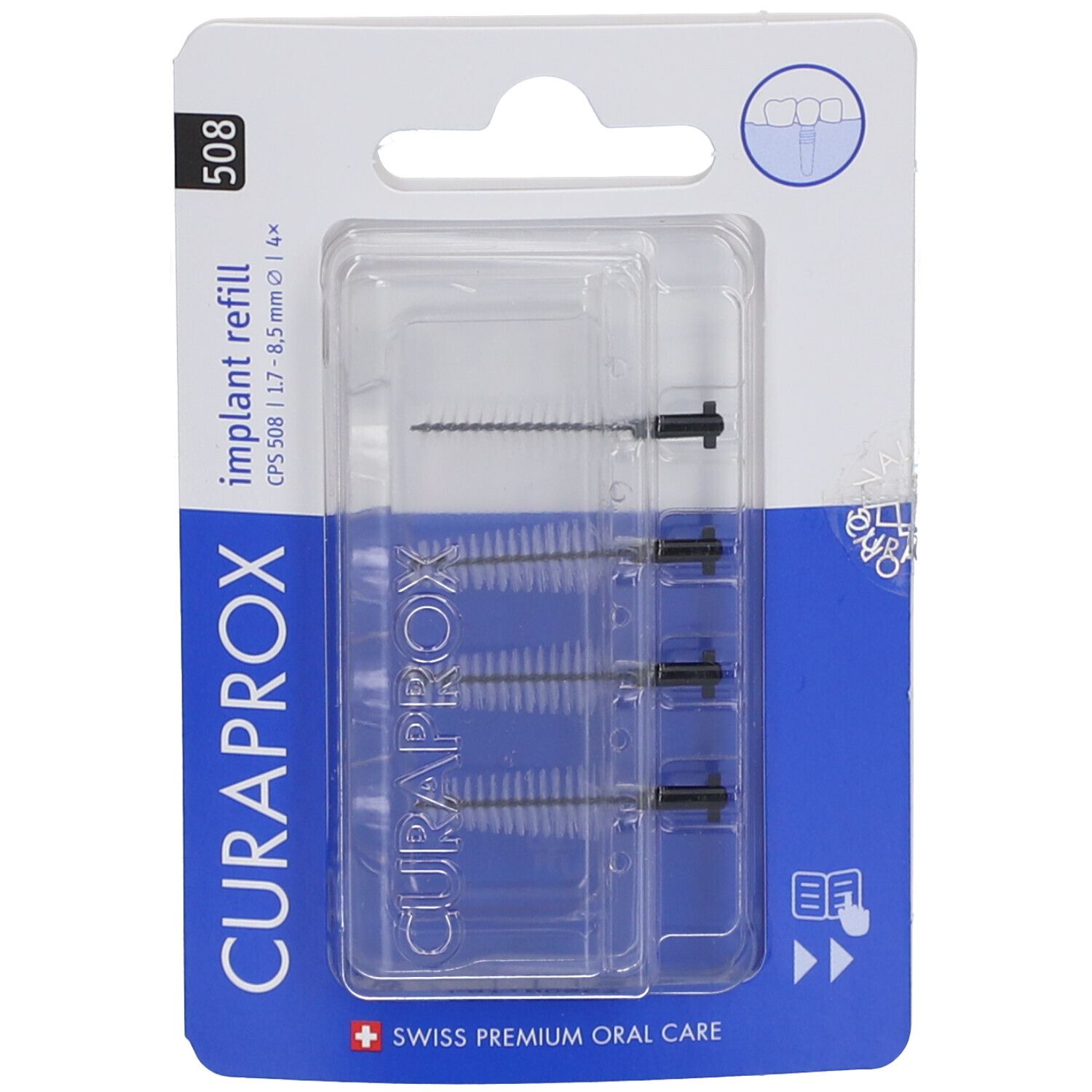 Recharge CURAPROX CPS 508 Implant. Blister de 4 brosses interdentaires. Têtes noires, support noir. Nom du produit visible.