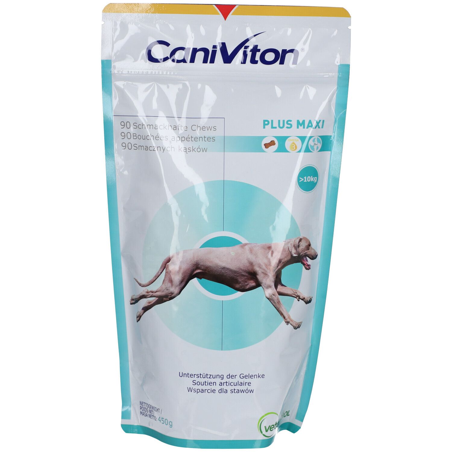 Sachet CaniViton Plus Maxi. Inscription du nom du produit, d'un chien et des informations. Image d'un chien en mouvement.