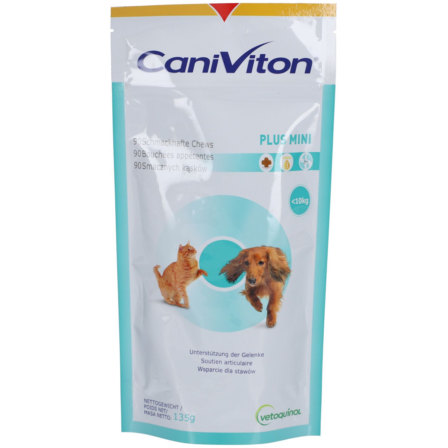 Sachet de CaniVitron Plus Mini. Impression avec nom du produit, logo, informations et illustrations de chat et chien.