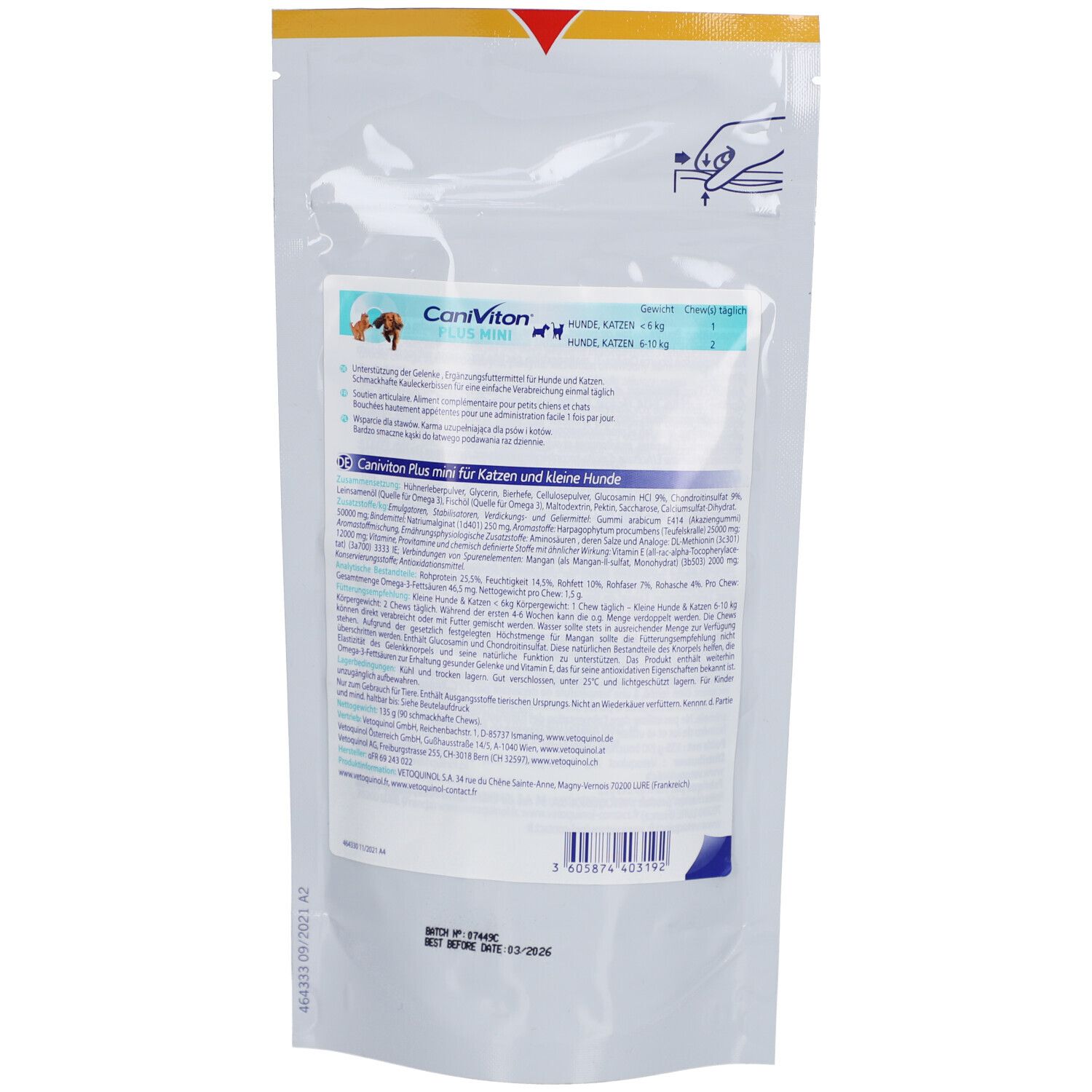 Dos du sachet CaniVitron Plus Mini. Contient des informations textuelles, un logo et un code-barres.