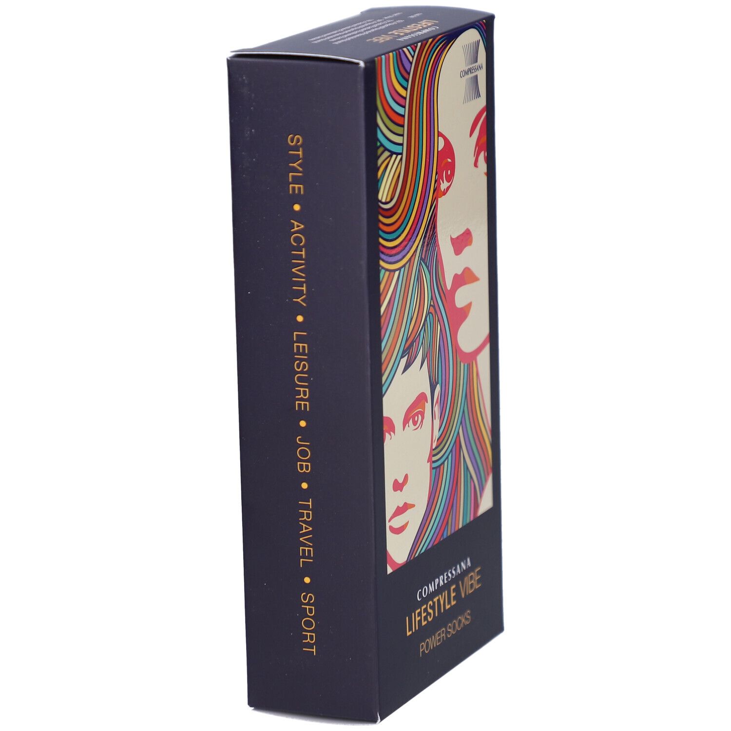 Boîte noire COMPRESSANA LIFESTYLE VIBE POWER SOCKS. Inscription: STYLE, ACTIVITY, LEISURE, JOB, TRAVEL, SPORT.