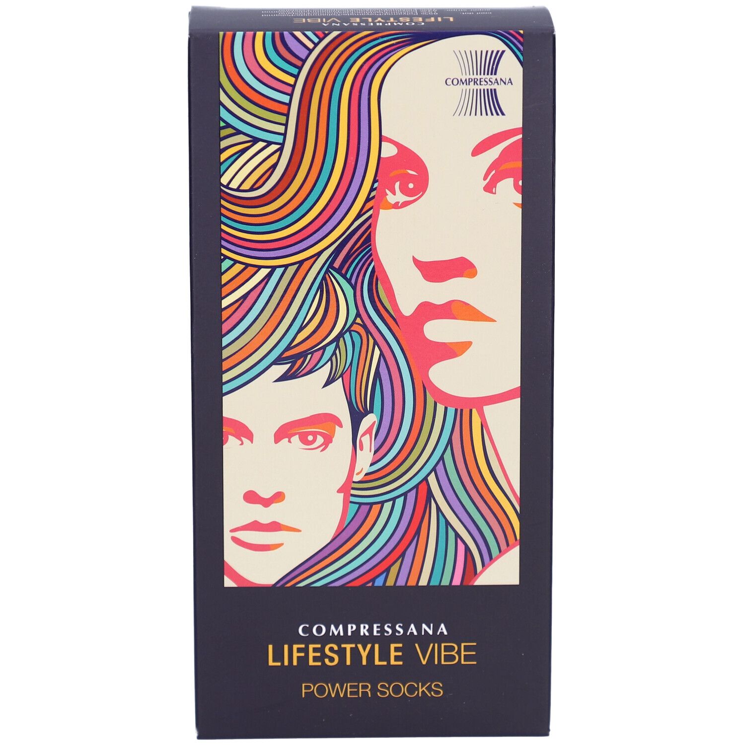 Boîte noire COMPRESSANA LIFESTYLE VIBE POWER SOCKS. Visages colorés. Marque en haut à droite.