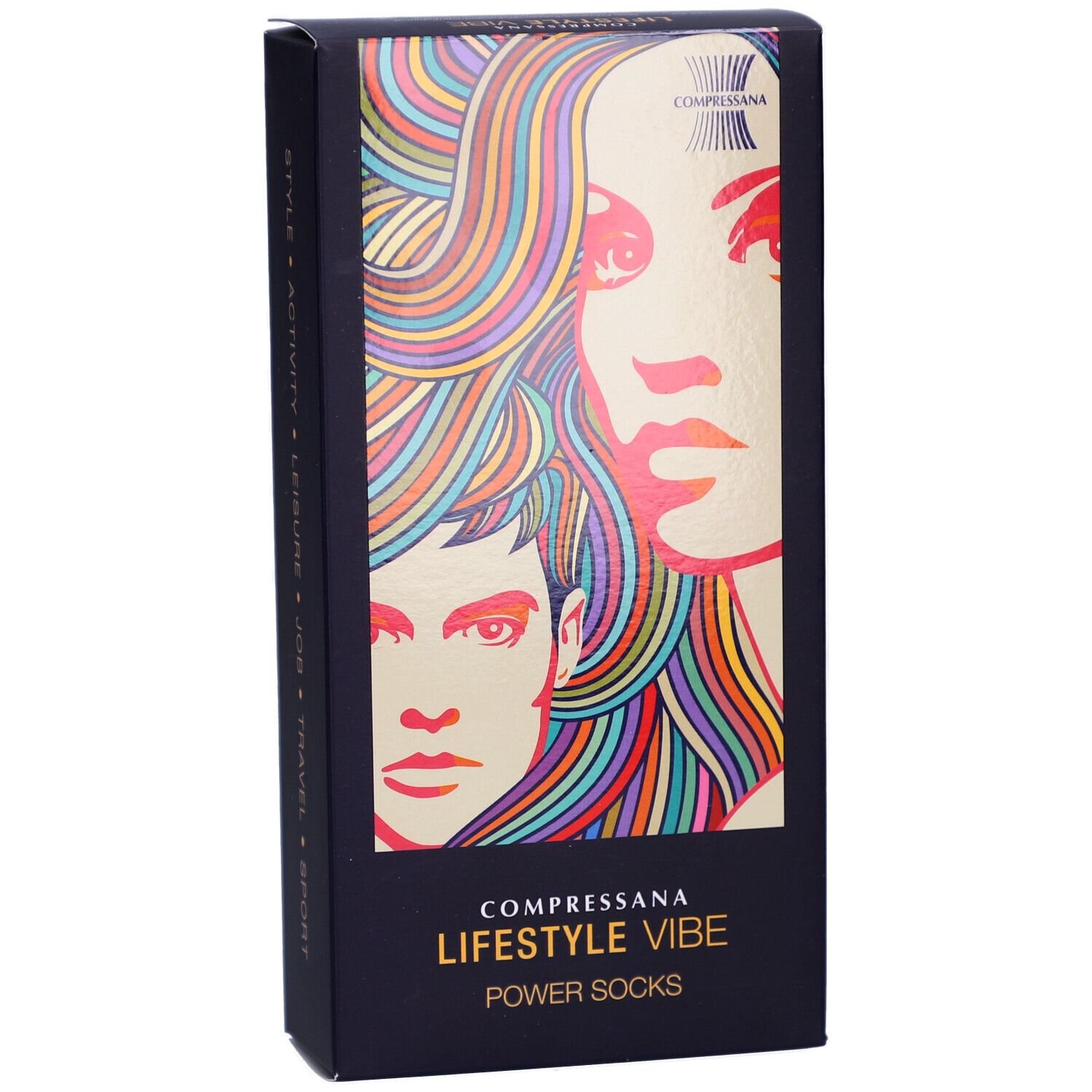Boîte noire avec portrait coloré. Texte: COMPRESSANA LIFESTYLE VIBE POWER SOCKS.