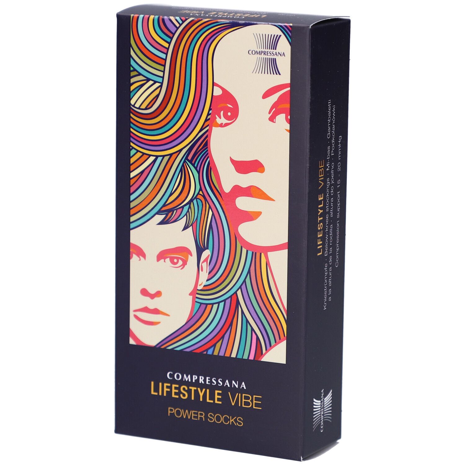 Boîte noire COMPRESSANA LIFESTYLE VIBE POWER SOCKS. Visages colorés. Marque en haut.