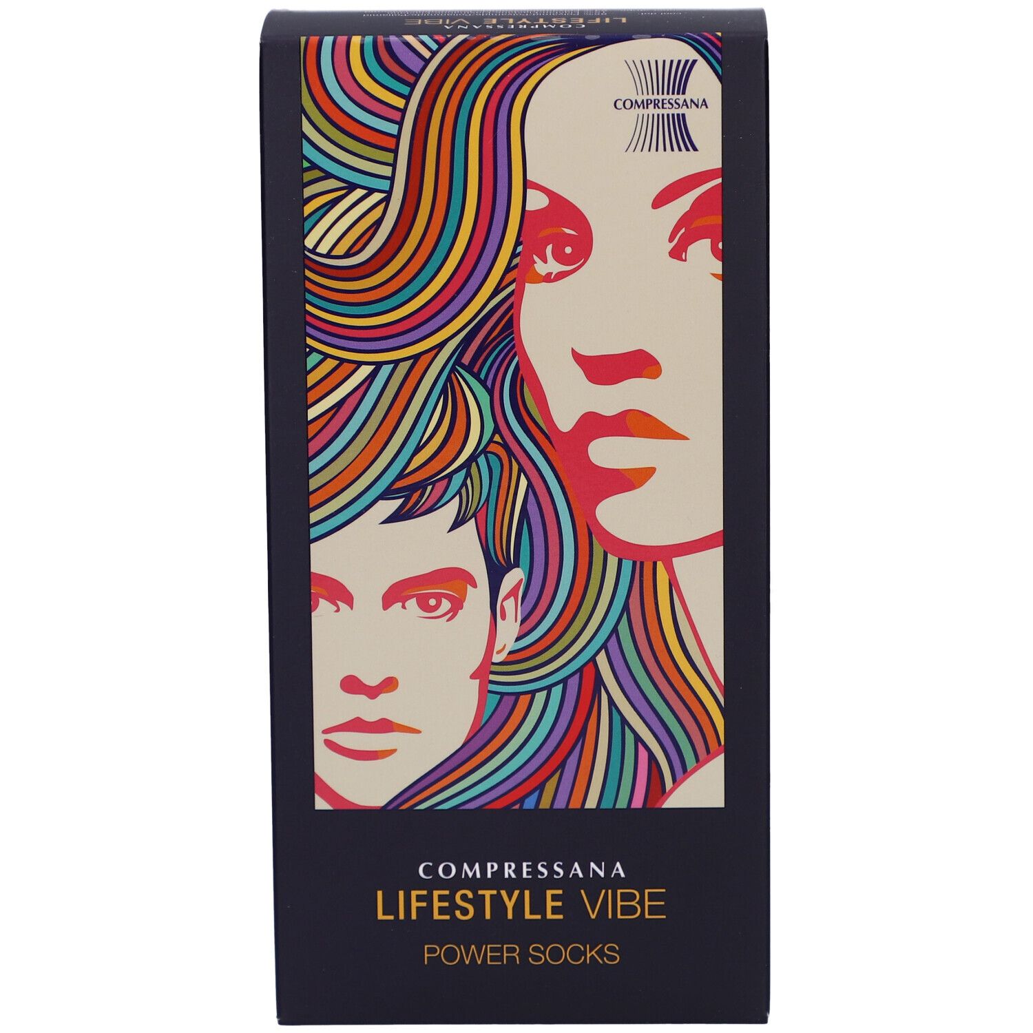 Boîte noire COMPRESSANA LIFESTYLE VIBE POWER SOCKS. Visages colorés. Marque en haut.