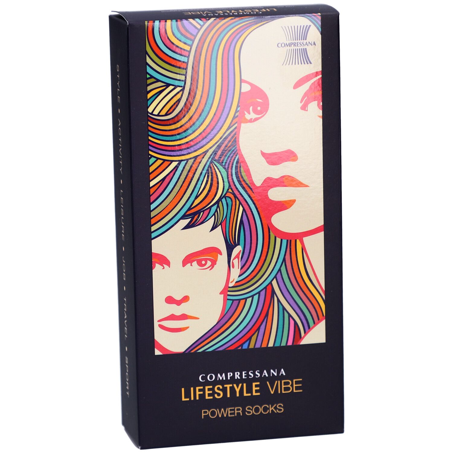 Boîte noire COMPRESSANA LIFESTYLE VIBE POWER SOCKS. Visages colorés. Marque en haut.