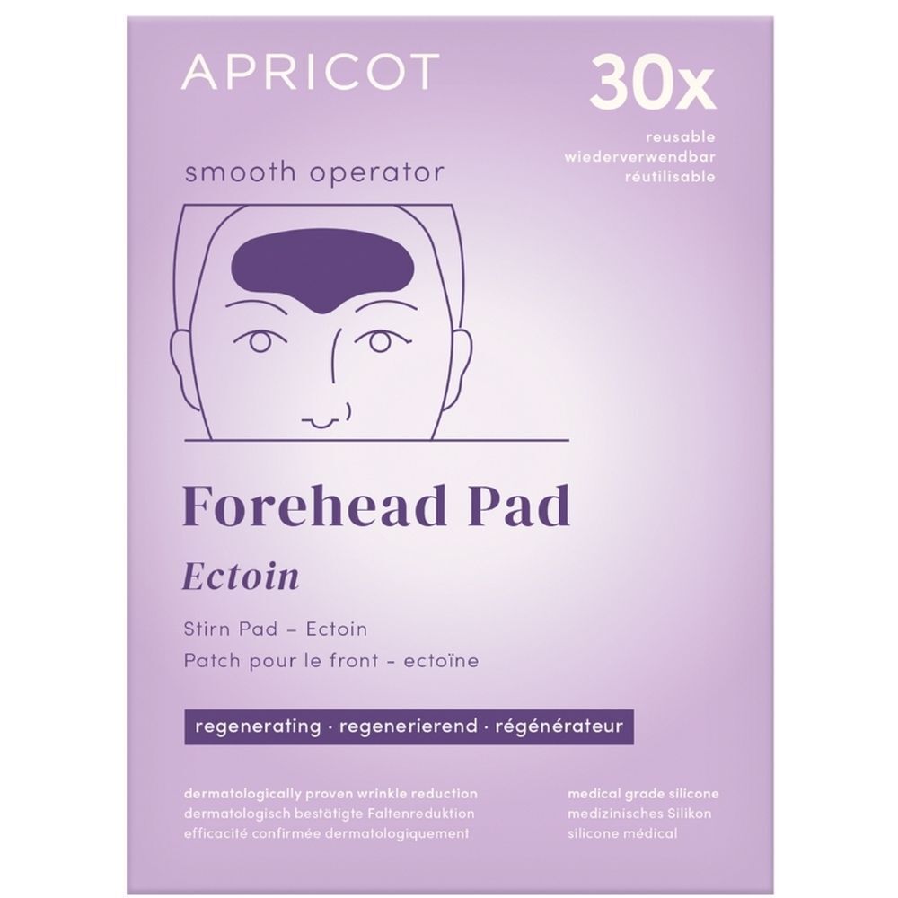 Emballage APRICOT Forehead Pad. Nom du produit, Ectoin, 30 pièces. Régénérant. Fond violet.