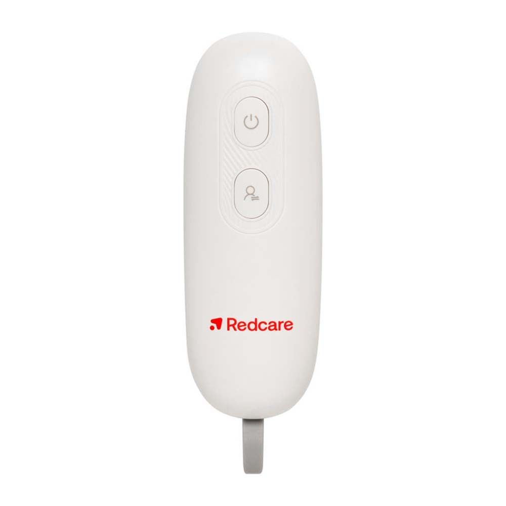 Appareil blanc ovale avec deux boutons et une lanière grise. Logo Redcare rouge.