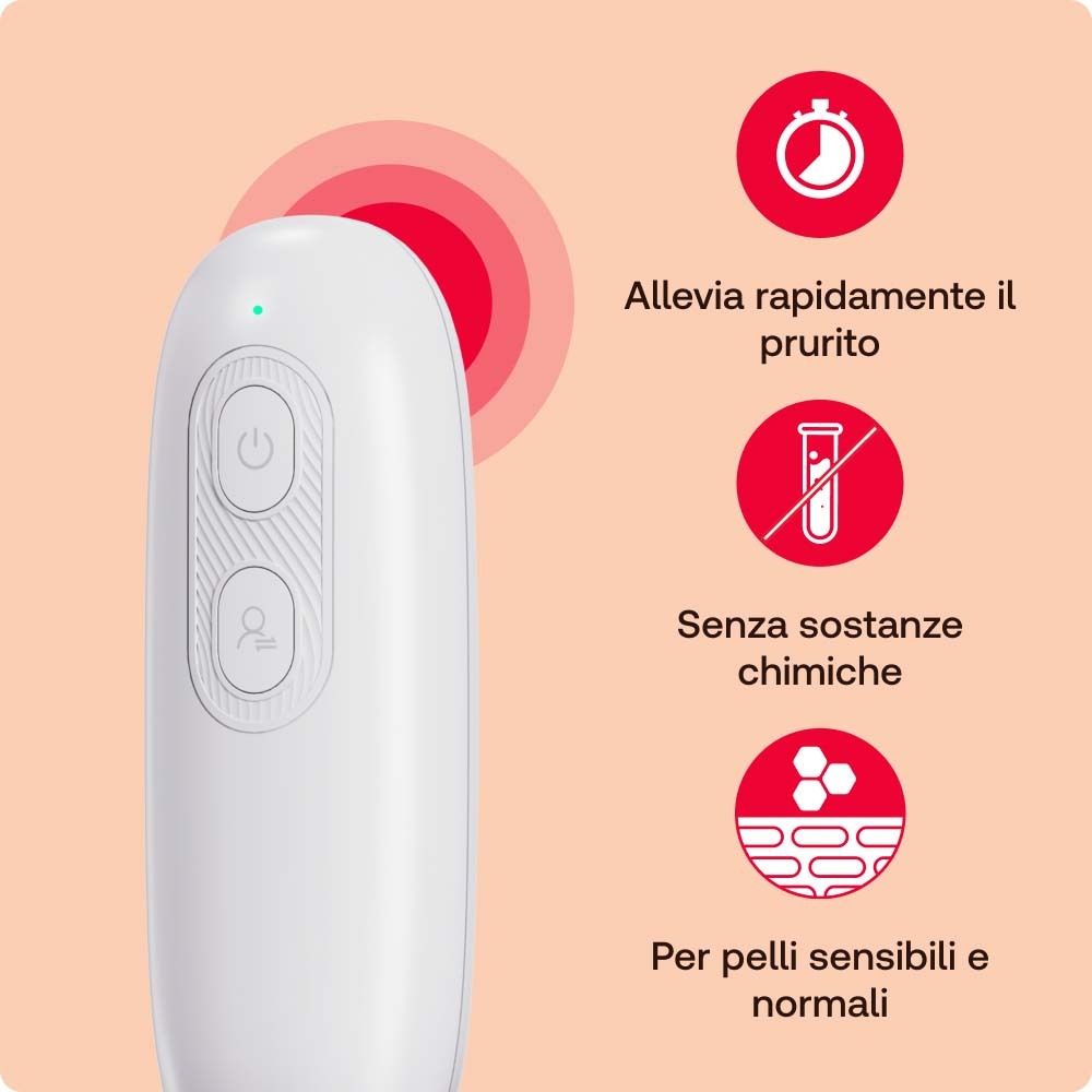 Appareil blanc ovale avec deux boutons. Graphiques et texte en italien.