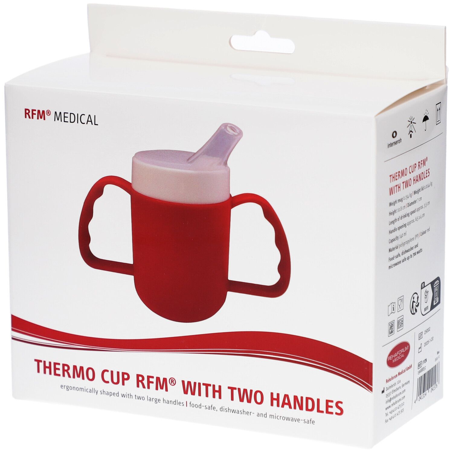 Gobelet thermique rouge à deux poignées dans son emballage. Inscription : RFM® MEDICAL, THERMO CUP RFM® WITH TWO HANDLES.