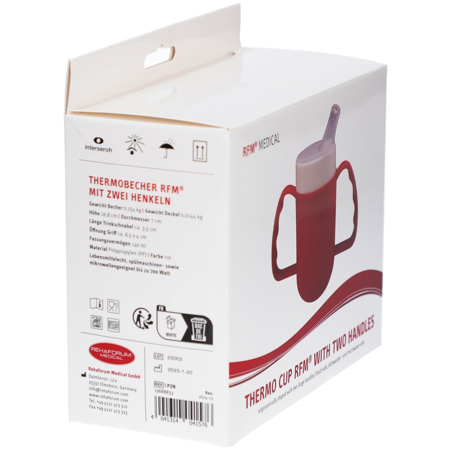 Emballage du gobelet thermique. Inscription : THERMOBECHER RFM® MIT ZWEI HENKELN, RFM® MEDICAL. Informations et pictogrammes.