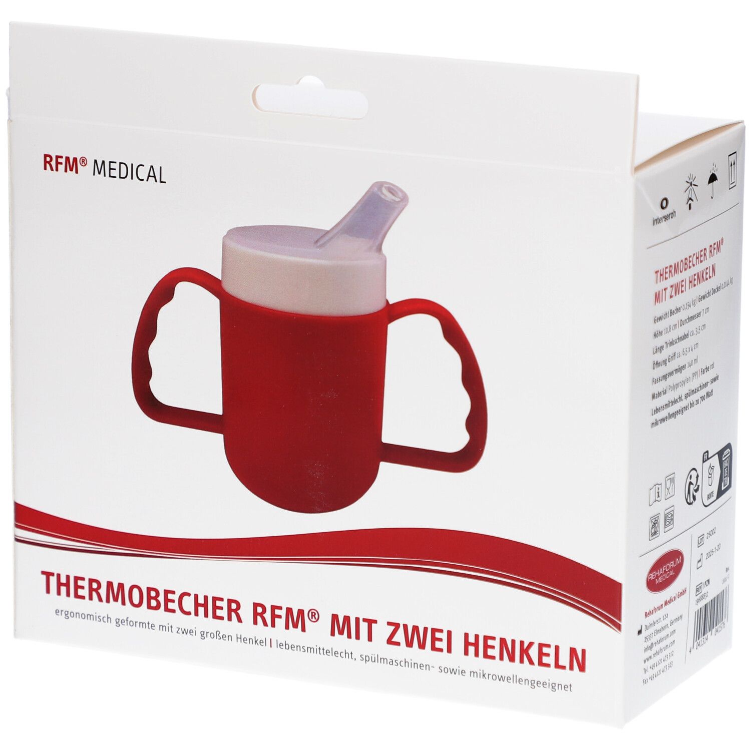 Gobelet thermique rouge à deux poignées dans son emballage. Inscription : RFM® MEDICAL, THERMOBECHER RFM® MIT ZWEI HENKELN.