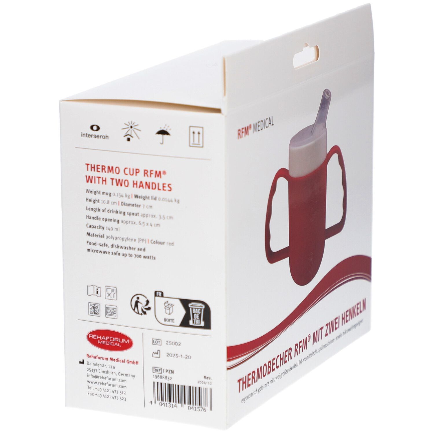Emballage du gobelet thermique. Inscription : THERMOBECHER RFM® MIT ZWEI HENKELN, RFM® MEDICAL. Informations et pictogrammes.