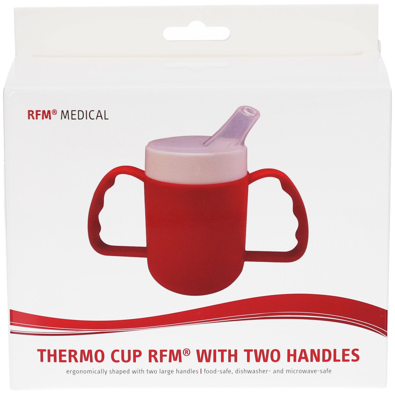 Gobelet thermique rouge à deux poignées dans son emballage. Inscription : RFM® MEDICAL, THERMO CUP RFM® WITH TWO HANDLES.