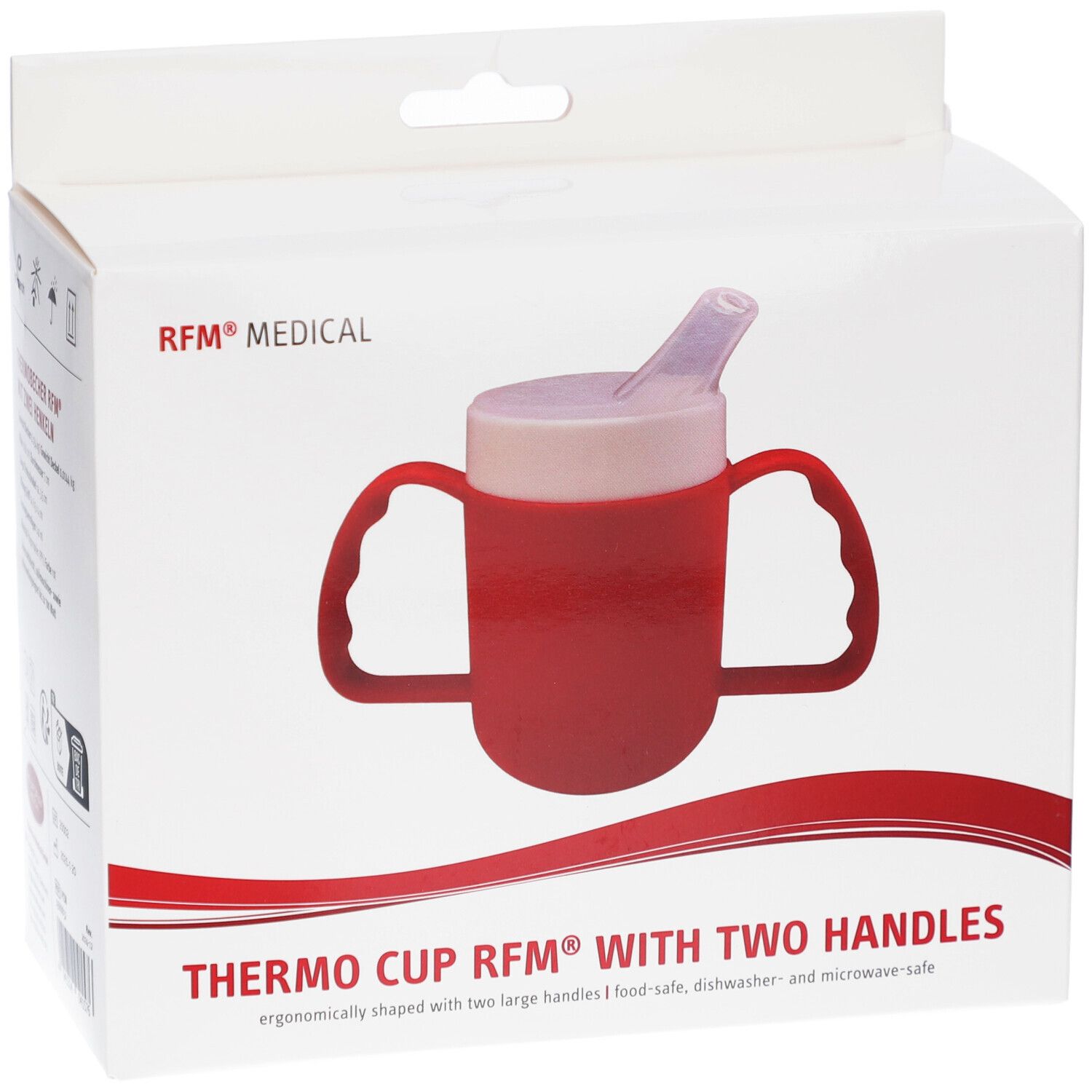 Gobelet thermique rouge à deux poignées dans son emballage. Inscription : RFM® MEDICAL, THERMO CUP RFM® WITH TWO HANDLES.