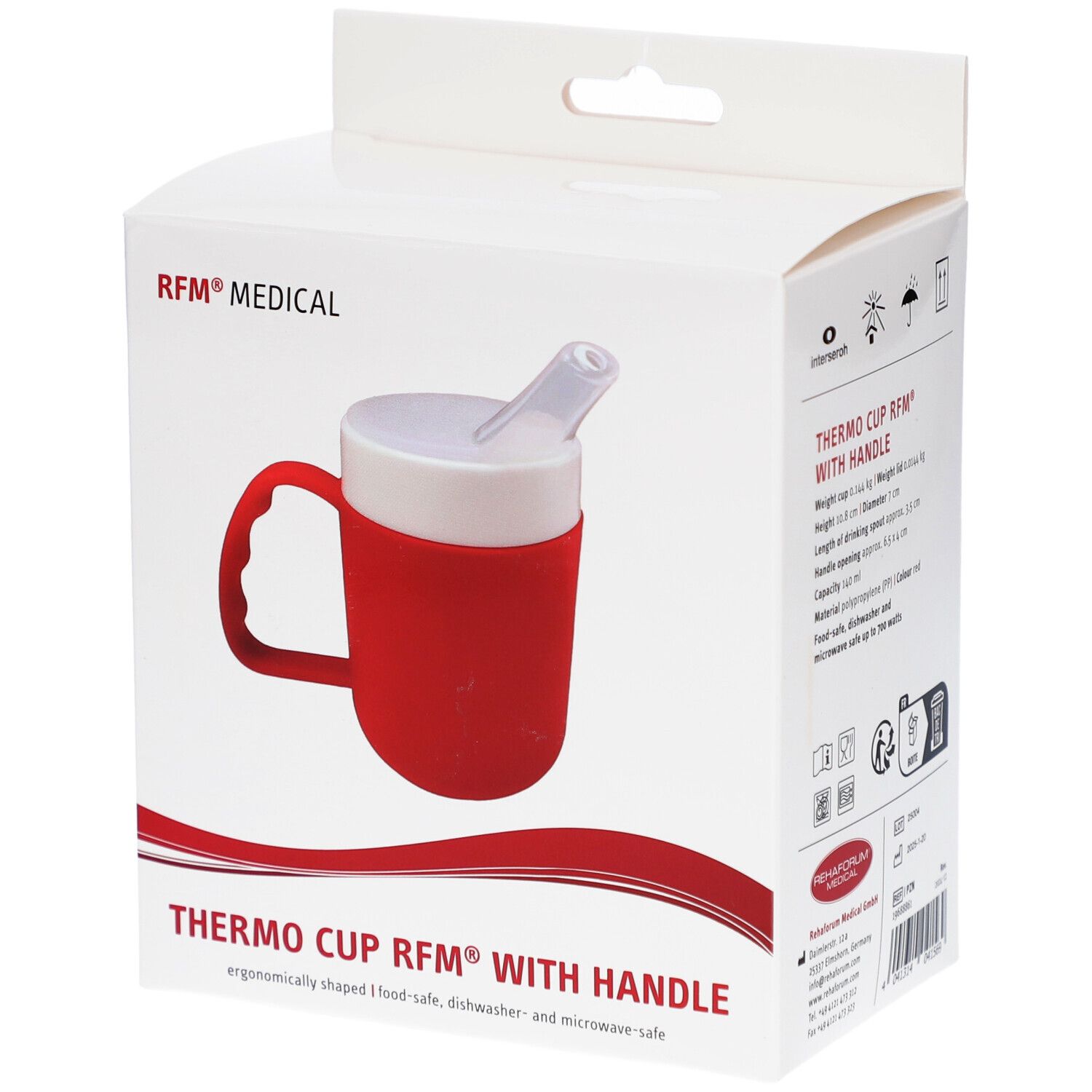 Gobelet isotherme rouge avec anse dans son emballage. Couvercle blanc avec paille. Poignée. Logo RFM® MEDICAL.