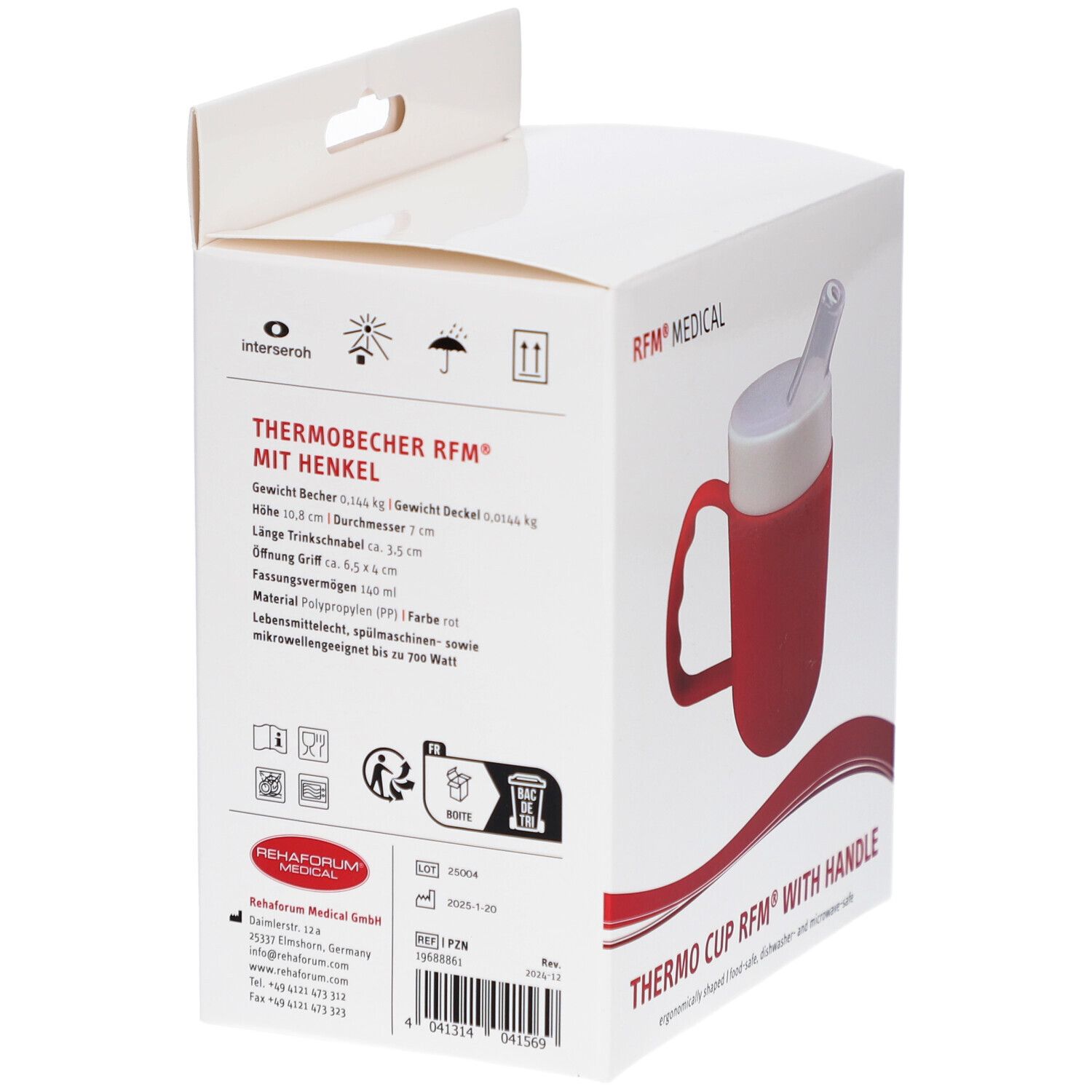 Dos de l'emballage. Gobelet isotherme avec anse. Informations produit, logos et pictogrammes. RFM® MEDICAL.