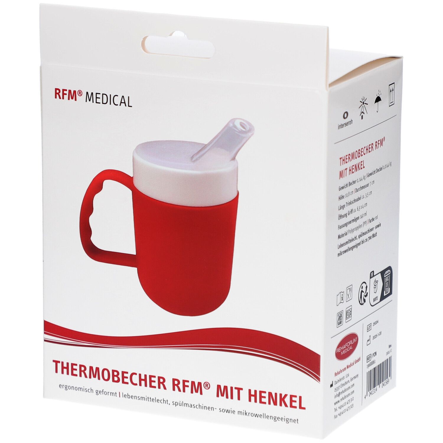 Gobelet isotherme rouge avec anse dans son emballage. Couvercle blanc avec paille. Poignée. Logo RFM® MEDICAL.