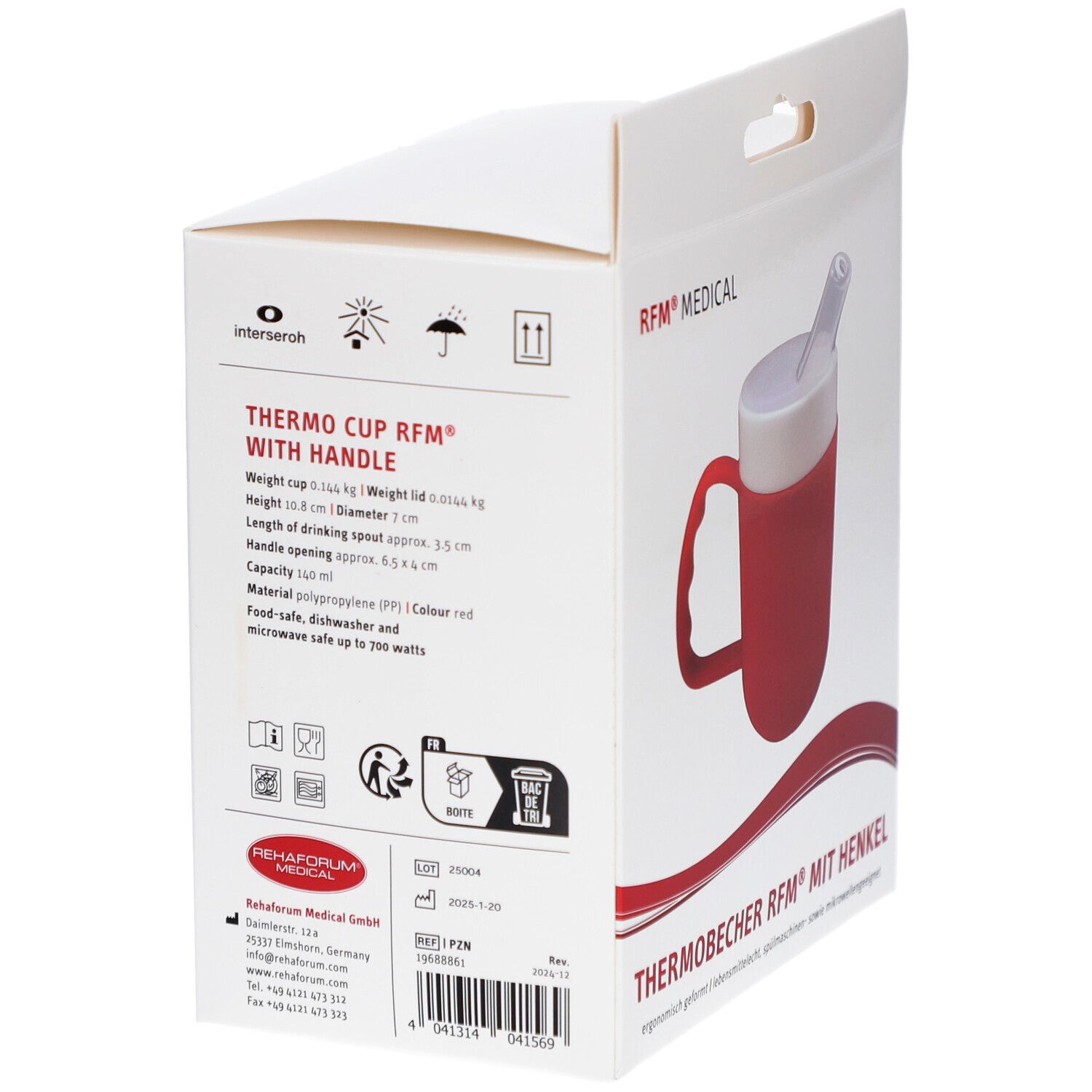 Dos de l'emballage. Gobelet isotherme avec anse. Informations produit, logos et pictogrammes. RFM® MEDICAL.