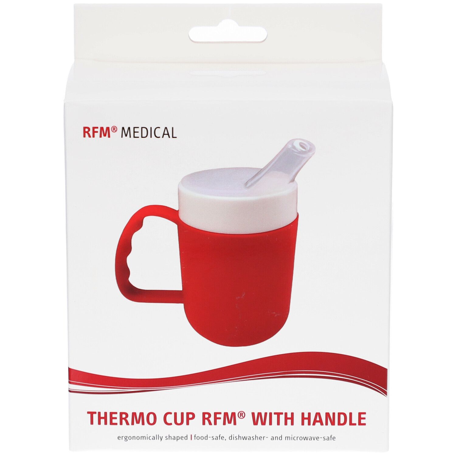 Gobelet isotherme rouge avec anse dans son emballage. Couvercle blanc avec paille. Poignée. Logo RFM® MEDICAL.