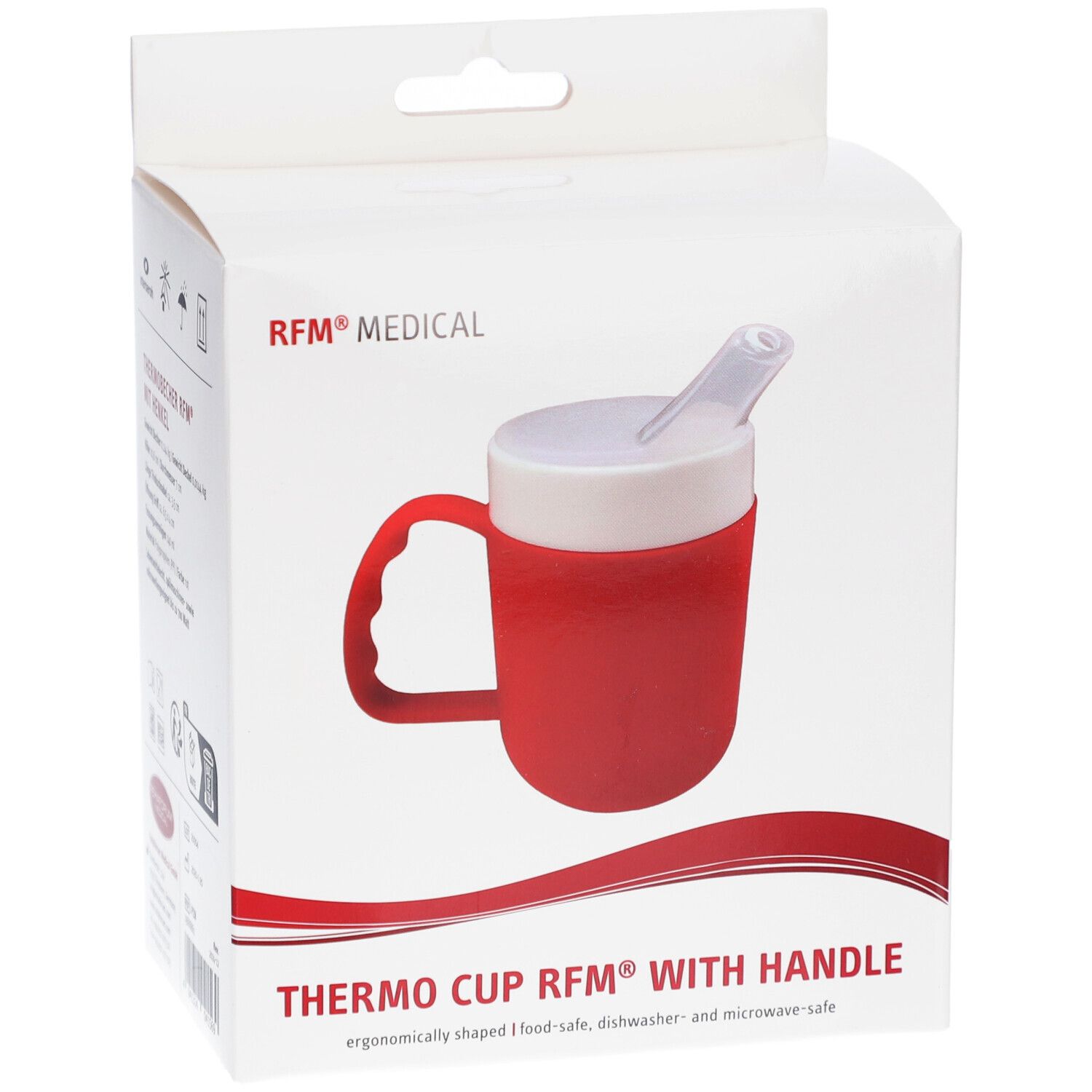 Gobelet isotherme rouge avec anse dans son emballage. Couvercle blanc avec paille. Poignée. Logo RFM® MEDICAL.