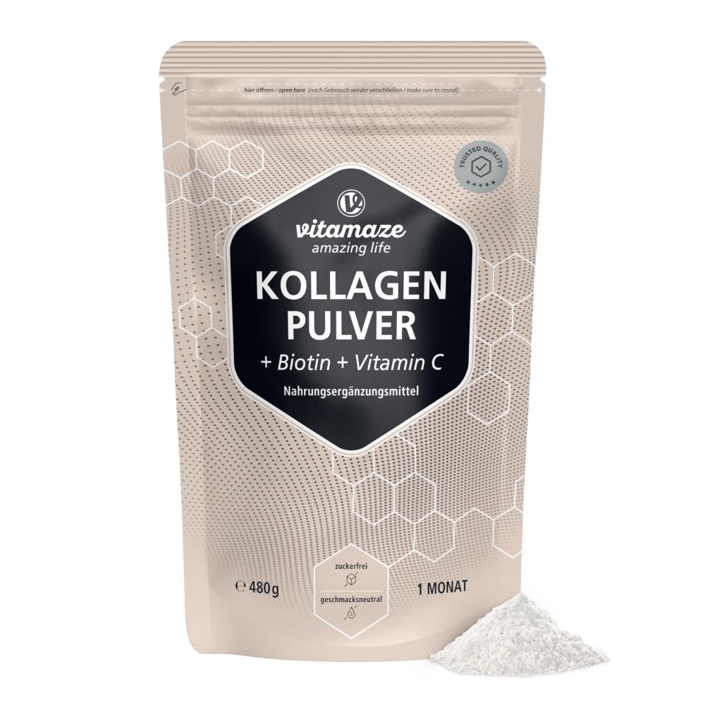 Sachet de poudre de collagène + biotine + vitamine C. Marque Vitamaze. 480g, 1 mois. Neutre en goût.