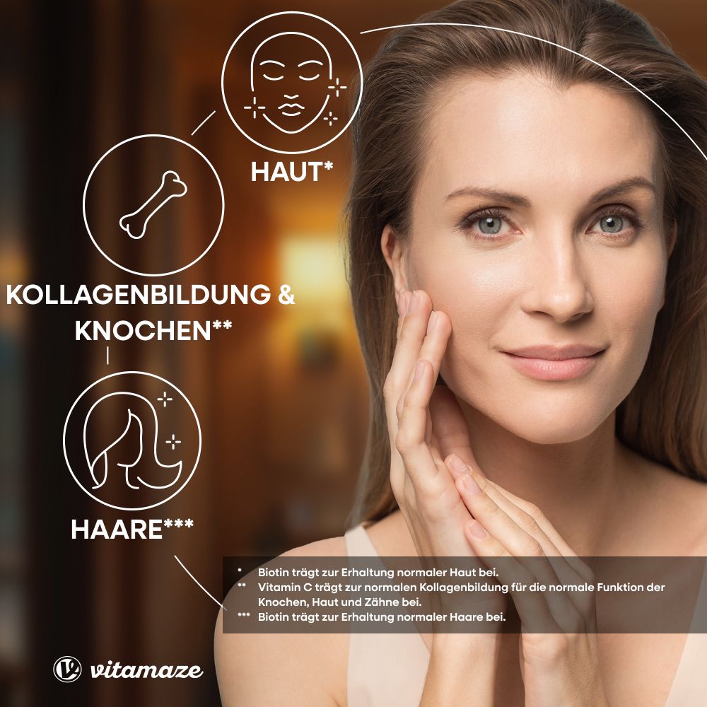 Femme touchant son visage. Infographie sur la formation de collagène, les os, la peau et les cheveux. Vitamaze.