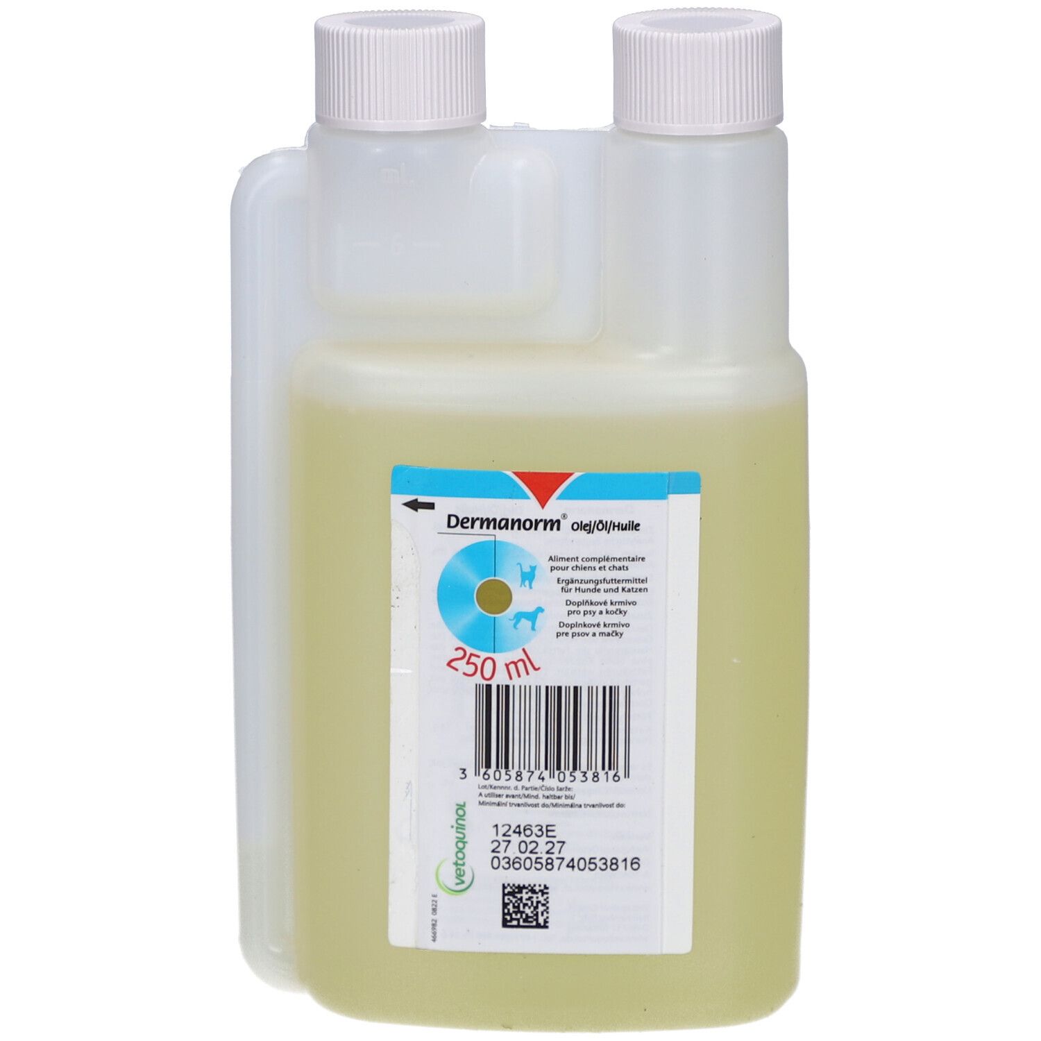 Bouteille de liquide jaunâtre, Dermanorm Huile-Huile en poudre, 250 ml.