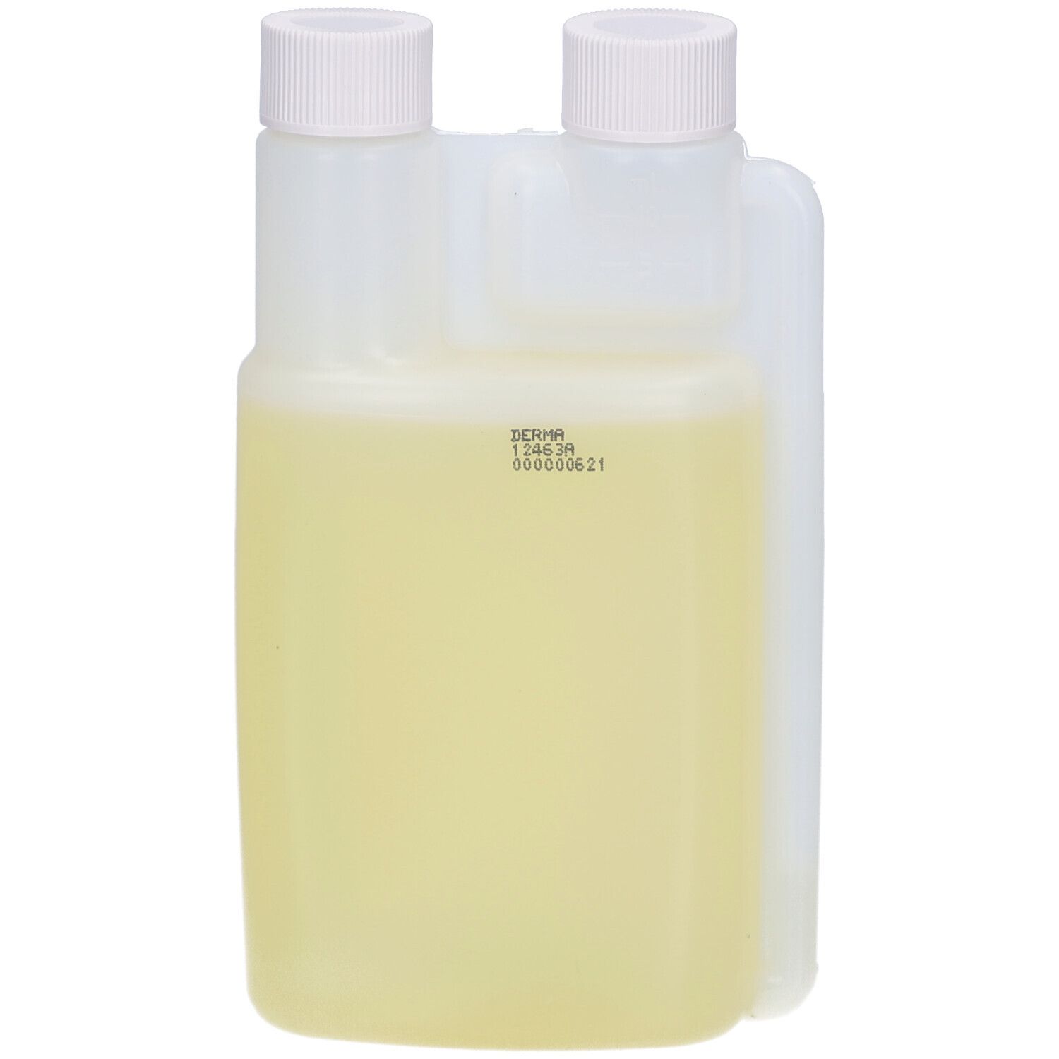 Bouteille de liquide jaunâtre, Dermanorm Huile-Huile en poudre, 250 ml.