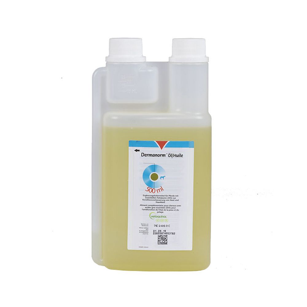 Bouteille avec deux bouchons, remplie de liquide jaunâtre. Étiquette avec 'Dermanorm Öl'.