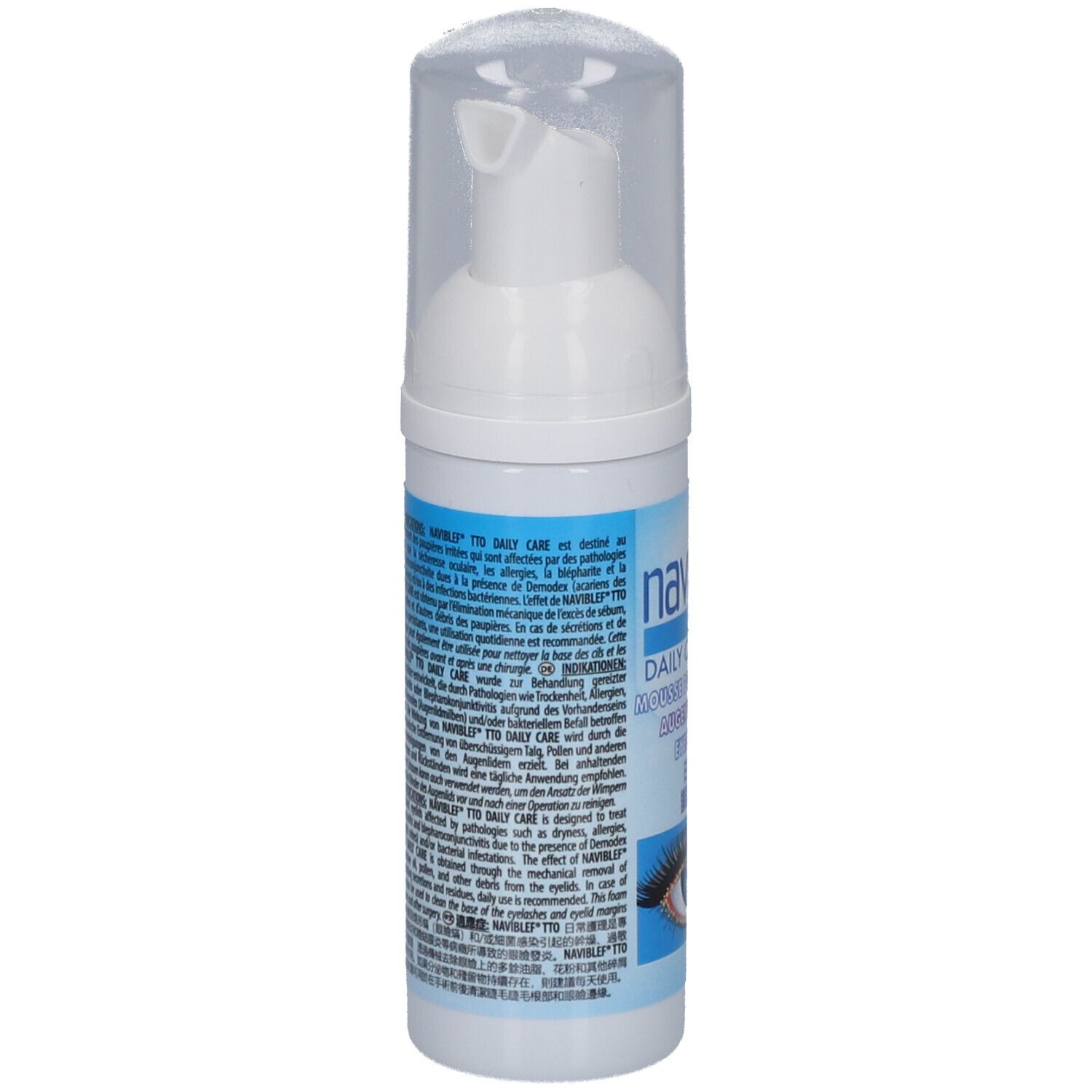 Flacon blanc avec pompe. Inscription: naviblef TTO DAILY CARE. Texte multilingue. Dos avec texte.