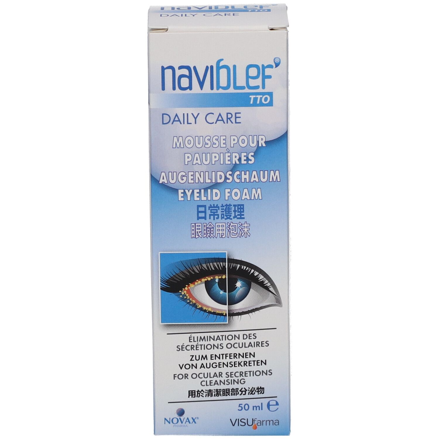 Emballage en carton. Inscription: naviblef TTO DAILY CARE. Contient une mousse pour paupières. Illustration d'un œil. Texte multilingue.