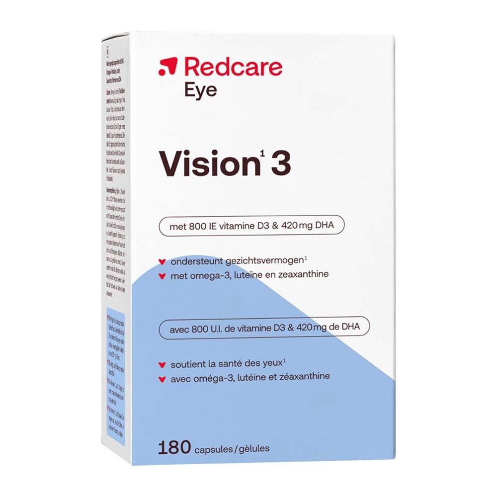 Boîte Redcare Eye Vision 3. Informations produit. Contient 180 gélules. Inscription: Vision 3, avec vitamine D3 et DHA.