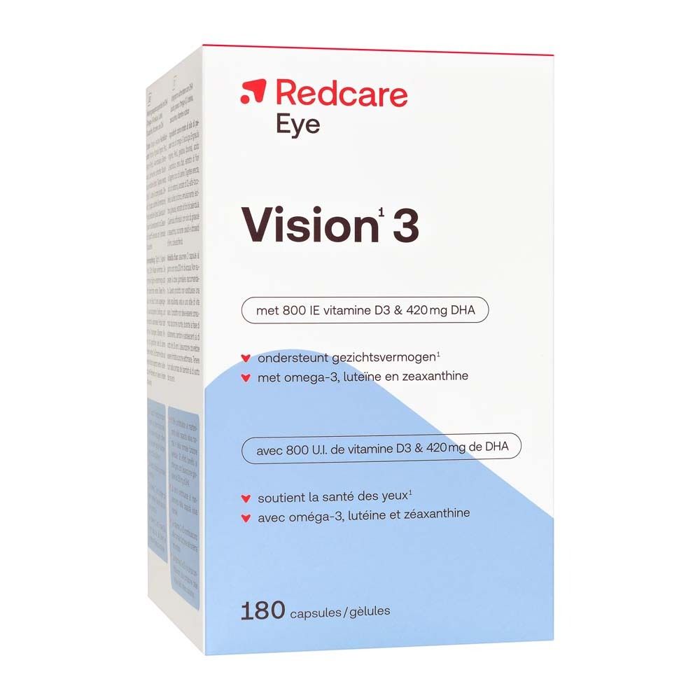 Boîte Redcare Eye Vision 3. Contient 180 gélules. Inscription: Vision 3, avec vitamine D3 & DHA.