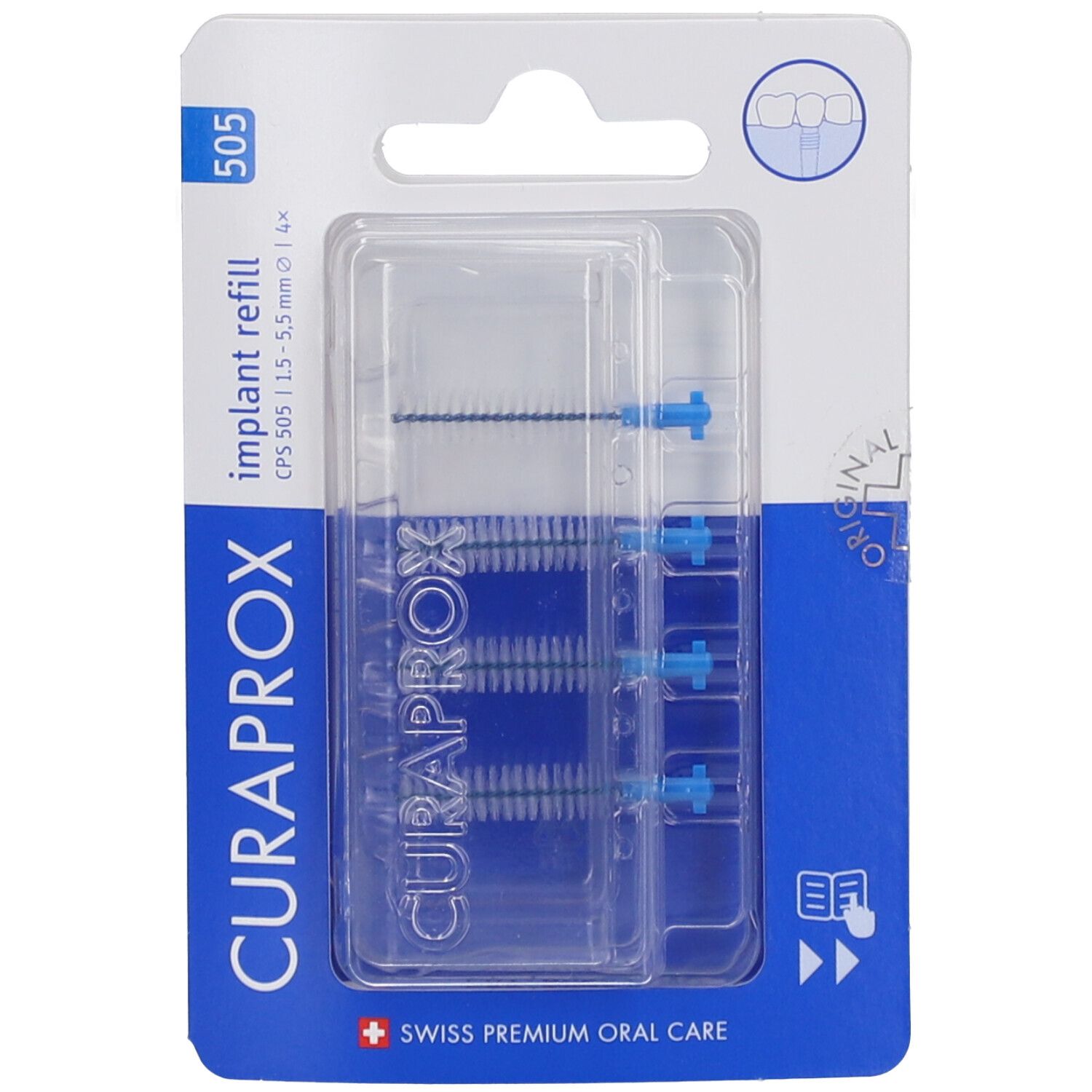 Blister contenant des recharges interdentaires Curaprox CPS 505 bleues. 1,1-5,5 mm. Caractéristiques visibles du produit.