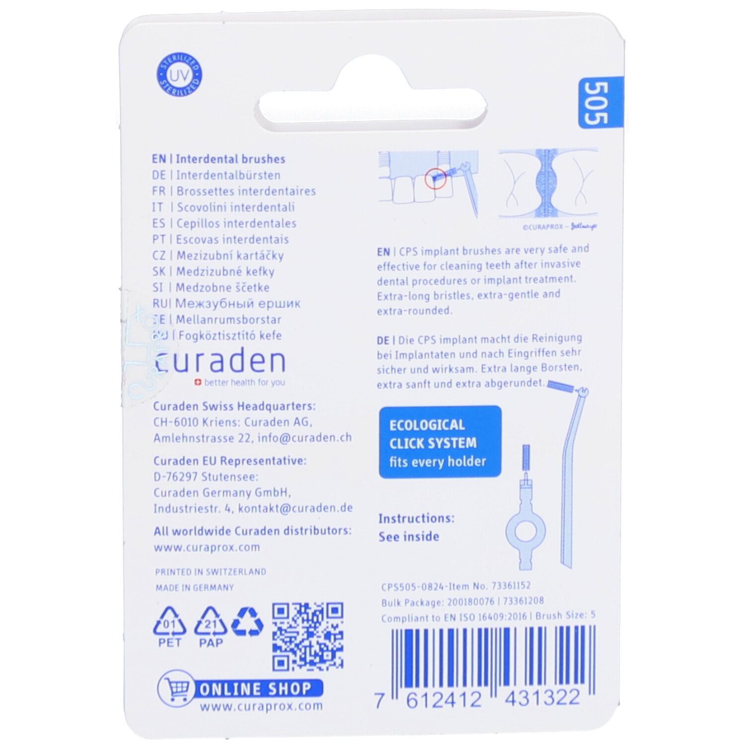 Dos de l'emballage blister avec informations sur les recharges interdentaires Curaprox CPS 505. Texte et illustrations.