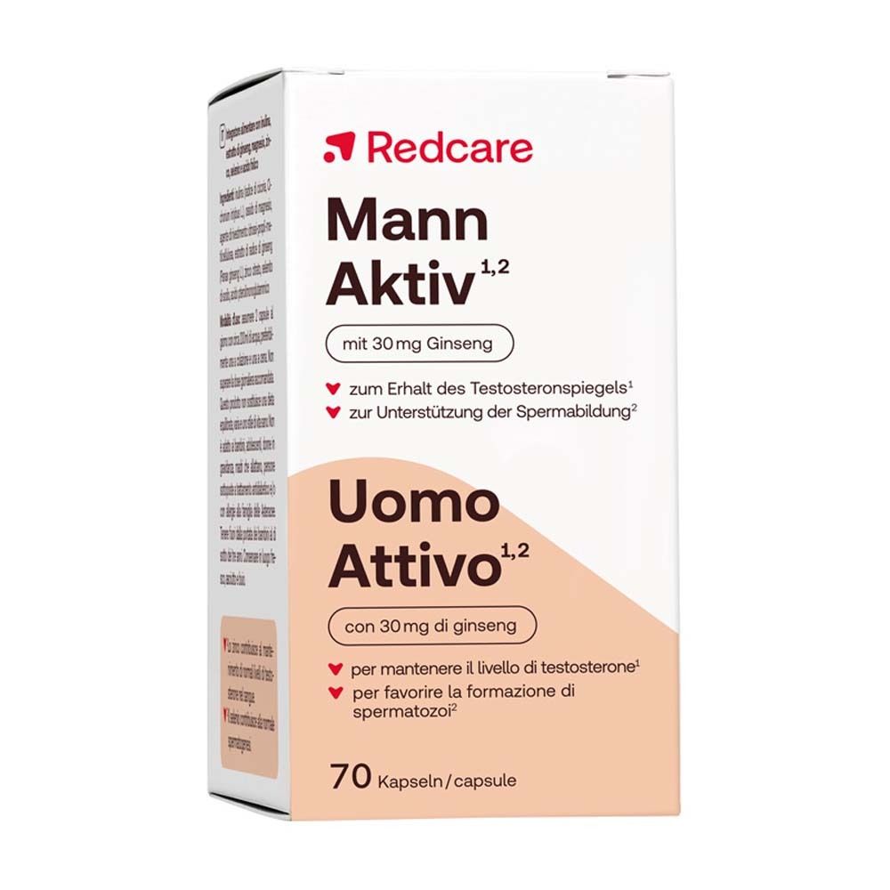 Emballage de Redcare Mann Aktiv. Inscription: Uomo Attivo, 70 capsules/capsule.